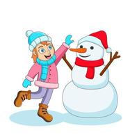 cartone animato ragazza giocando pupazzo di neve nel inverno. vettore illustrazione