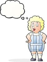 cartone animato donna nel cucina grembiule con pensato bolla vettore