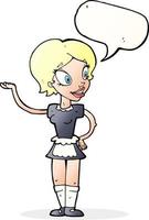 cartone animato donna nel domestica costume con discorso bolla vettore