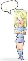 cartone animato ragazza con attraversato braccia con discorso bolla vettore
