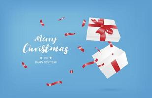 banner di buon Natale con confezione regalo aperto sul blu vettore