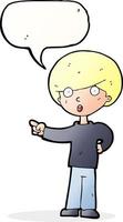 cartone animato puntamento ragazzo con discorso bolla vettore