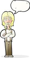 cartone animato lungo baffi uomo con piegato braccia con discorso bolla vettore