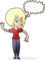 cartone animato donna agitando con discorso bolla vettore