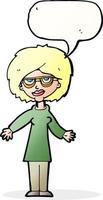 cartone animato donna indossare bicchieri con discorso bolla vettore