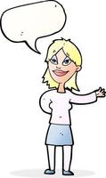 cartone animato donna Esprimere a gesti per mostrare qualcosa con discorso bolla vettore
