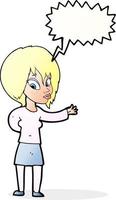 cartone animato donna fabbricazione benvenuto gesto con discorso bolla vettore