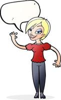 cartone animato donna agitando con discorso bolla vettore