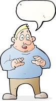 cartone animato eccitato sovrappeso uomo con discorso bolla vettore
