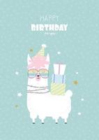 compleanno saluto carta con un' lama. divertente alpaca indossare un' compleanno berretto e regali. modello per figli di camera decorazione, manifesto, bambino doccia. vettore