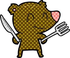 sorridente orso cartone animato con coltello e forchetta vettore