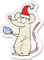 retrò afflitto etichetta di un' cartone animato topo indossare Natale cappello vettore