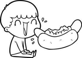 ridendo cartone animato uomo mangiare gigante hot dog vettore
