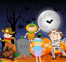 scena di Halloween con bambini in costume vettore