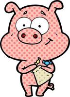 contento cartone animato maiale con caramella vettore