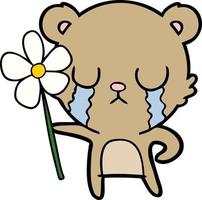 pianto cartone animato orso con fiore vettore