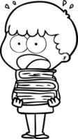 cartone animato scioccato ragazzo con pila di libri vettore