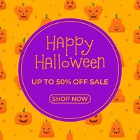 contento Halloween promo vendita striscione. pauroso zucche senza soluzione di continuità modello fondali. testo su il sfondo di il modello. vettore illustrazione per manifesto, volantino, voucher; tagliando, buono, speciale offrire