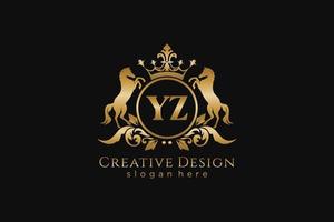 iniziale yz retrò d'oro cresta con cerchio e Due cavalli, distintivo modello con pergamene e reale corona - Perfetto per lussuoso il branding progetti vettore