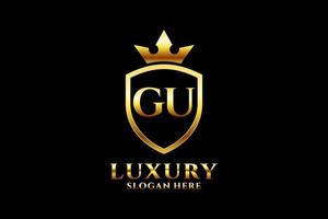 iniziale GU elegante lusso monogramma logo o distintivo modello con pergamene e reale corona - Perfetto per lussuoso il branding progetti vettore