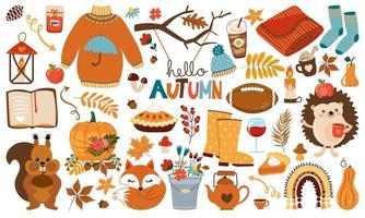 Ciao autunno - carino animale personaggi e giardino elementi. un' album collezione di autunno stagione elementi. accogliente maglione, americano footbal sfera, bosco personaggi. completamente autunno sensazione. vettore