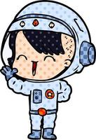 cartone animato contento astronauta ragazza agitando vettore