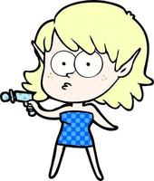 cartone animato elfo ragazza con raggio pistola vettore