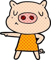 cartone animato soddisfare maiale nel vestito puntamento vettore