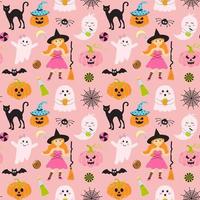 senza soluzione di continuità Halloween modello con carino strega, rosa fantasmi, pipistrello, ragnatela, pauroso zucche, gatto, caramelle e veleno. vettore