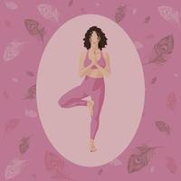 manifesto, ragazza fare yoga, piume nel il sfondo, rosa sfondo, yoga posa. vettore illustrazione