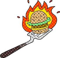 cartone animato fiammeggiante hamburger su spatola vettore