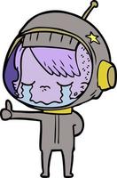 cartone animato pianto astronauta ragazza fabbricazione pollici su cartello vettore