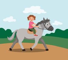 carino poco ragazza equitazione un' cavallo a il parco vettore