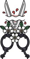 tradizionale tatuaggio di un' barbiere forbici e fiori vettore