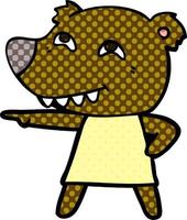 cartone animato puntamento orso ragazza mostrando denti vettore