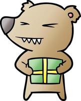 arrabbiato orso cartone animato con regalo vettore