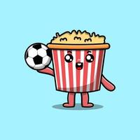 carino cartone animato Popcorn personaggio giocando calcio vettore