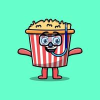 carino cartone animato Popcorn tuffatore con nuoto bicchiere vettore