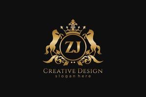 iniziale zj retrò d'oro cresta con cerchio e Due cavalli, distintivo modello con pergamene e reale corona - Perfetto per lussuoso il branding progetti vettore