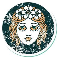 iconico afflitto etichetta tatuaggio stile Immagine di femmina viso con corona di fiori vettore