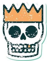 iconico afflitto etichetta tatuaggio stile Immagine di un' cranio e corona vettore
