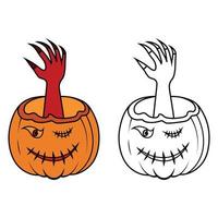 Halloween zucca con fantasma mano. illustrazione Halloween impaurito viso, zucca sorridente. vettore