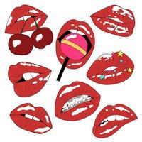 impostato di diverso rosso labbra su bianca sfondo. donna bocca con rosso rossetto trucco esprimendo diverso emozioni. isolato vettore illustrazione