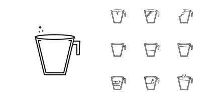 dieci imposta di tazza bicchiere linea icone. con un' freddo acqua, caldo acqua e ghiaccio cubo. semplice, linea, silhouette e pulito stile. nero e bianca. adatto per simboli, segni, icone o loghi vettore