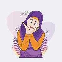 hijab poco ragazza tocchi sciocco viso con sua mano vettore illustrazione professionista Scarica