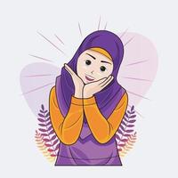 hijab poco ragazza toccante viso con sua mani vettore illustrazione gratuito Scarica