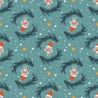senza soluzione di continuità Natale modello con coniglio o coniglietto, abete alberi, stelle e i fiocchi di neve su blu sfondo. luminosa Stampa per nuovo anno e vacanza, involucro carta, tessile e design. vettore illustrazione