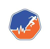 pulse maratona logo design icona vettore. corpo Salute cura logo design. in esecuzione uomo con linea ecg battito cardiaco icona. vettore