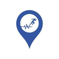 pulse maratona GPS forma concetto logo design icona vettore. corpo Salute cura logo design. in esecuzione uomo con linea ecg battito cardiaco icona. vettore