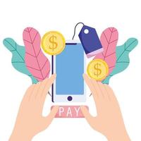 mani che pagano online con smartphone, monete e cartellino del prezzo